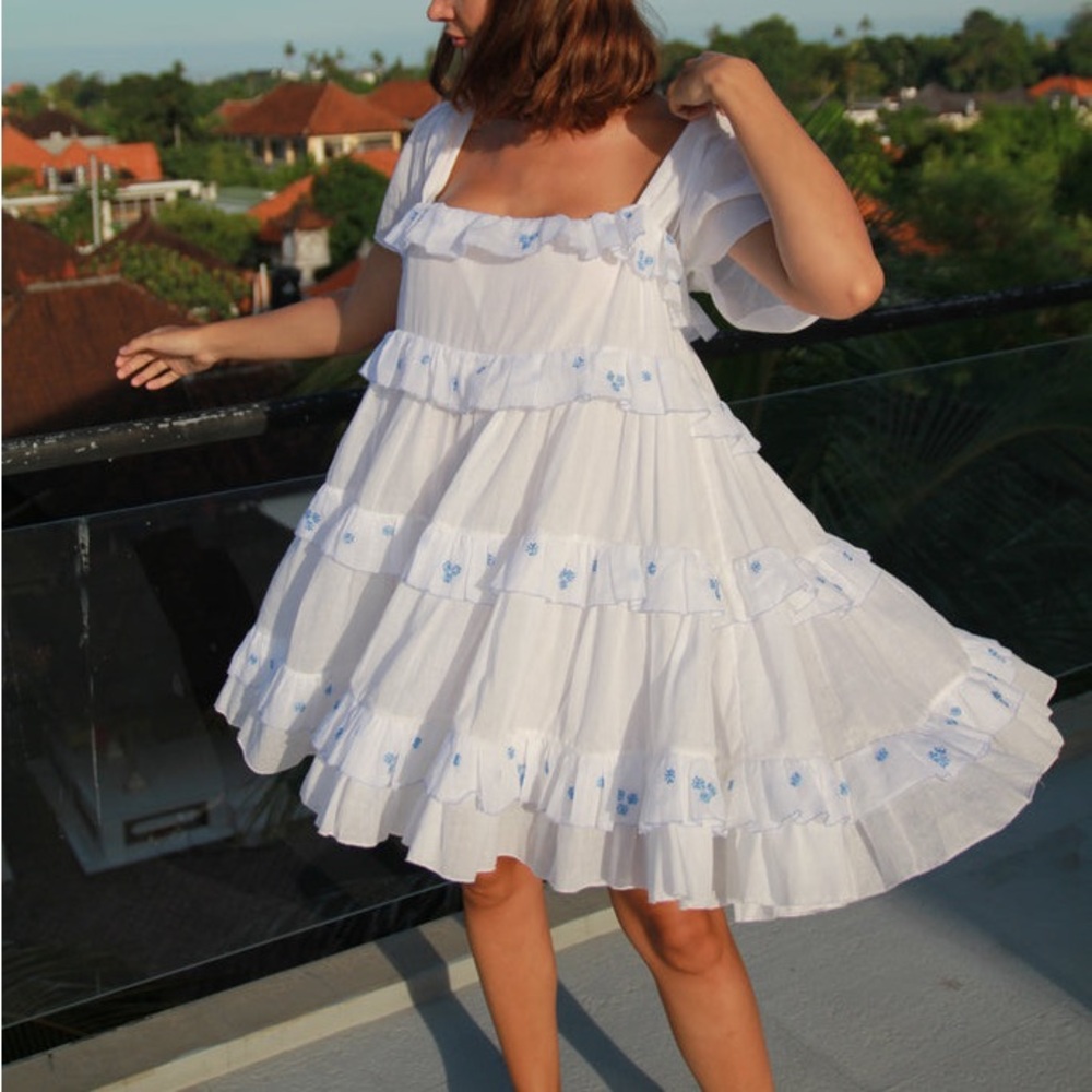 Innika Choo Mini Layer Ramie Frill Dress in Blue Embroidery